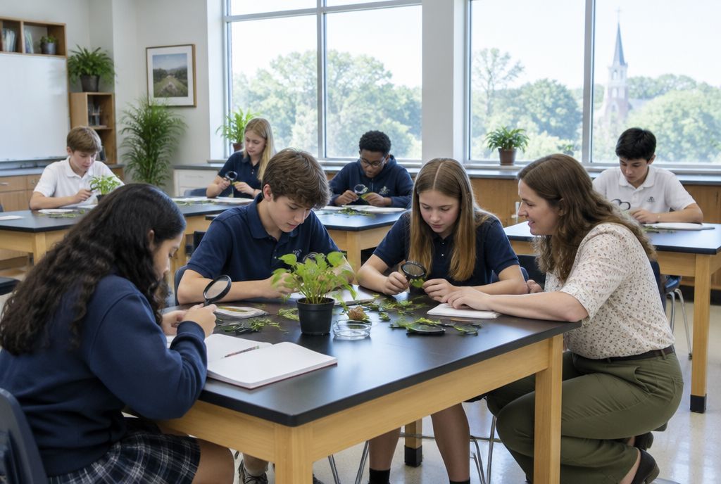 Middle school students in the science lab of a small North Texas Christian school
