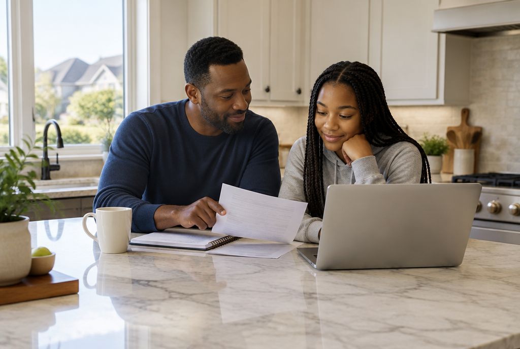 A father and his teenage daughter reviewing school costs at a kitchen island in Plano
